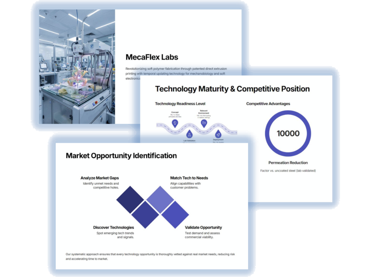 Professional presentation slides showing Technology Maturity and Market Opportunity Identification